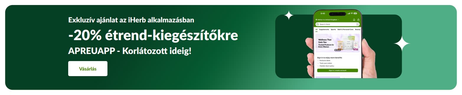 iHerb alkalmazás promóciós banner, amely 20% kedvezményt kínál étrend-kiegészítőkre az APREUAPP kóddal, korlátozott ideig.