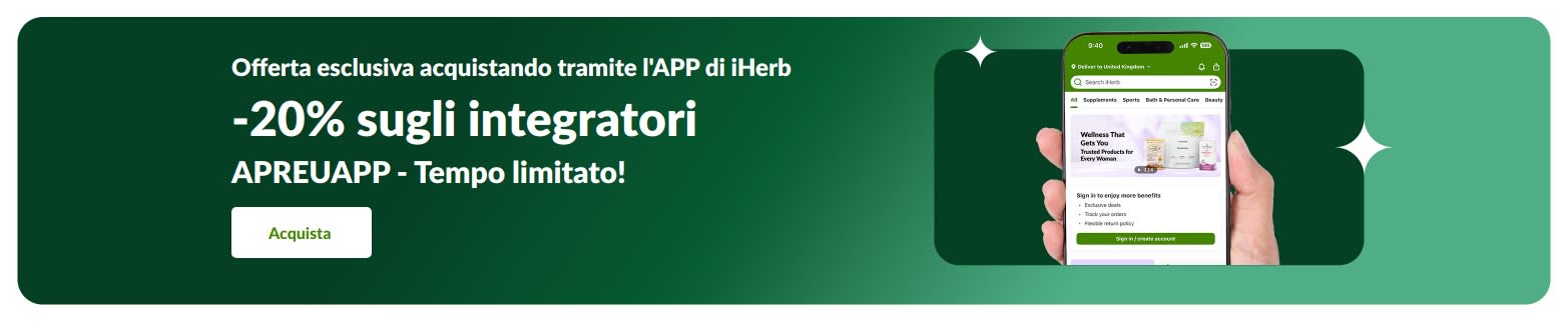 Banner promozionale di iHerb che offre il 20% di sconto sugli integratori utilizzando il codice APREUAPP, per un periodo limitato.
