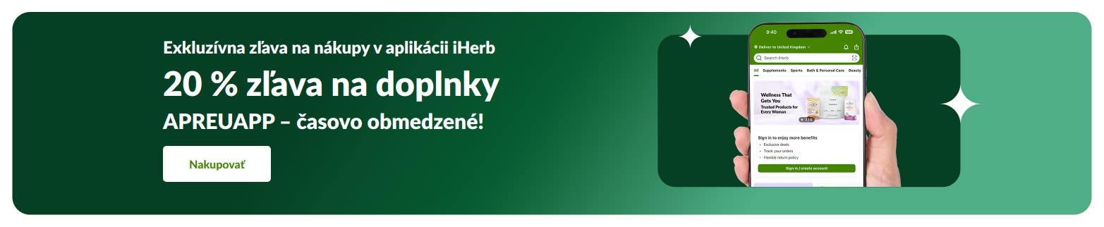 Baner iHerb, ktorý propaguje časovo obmedzenú 20 % zľavu na doplnky pri nákupe v aplikácii s kódom APREUAPP.