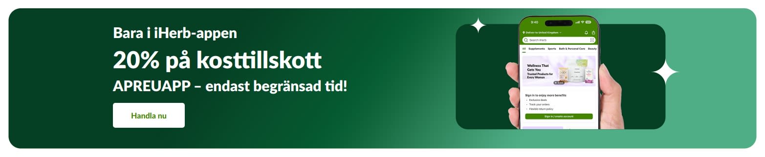 Kampanjbanner för iHerb-appen som erbjuder 20% på kosttillskott med koden APREUAPP, under begränsad tid