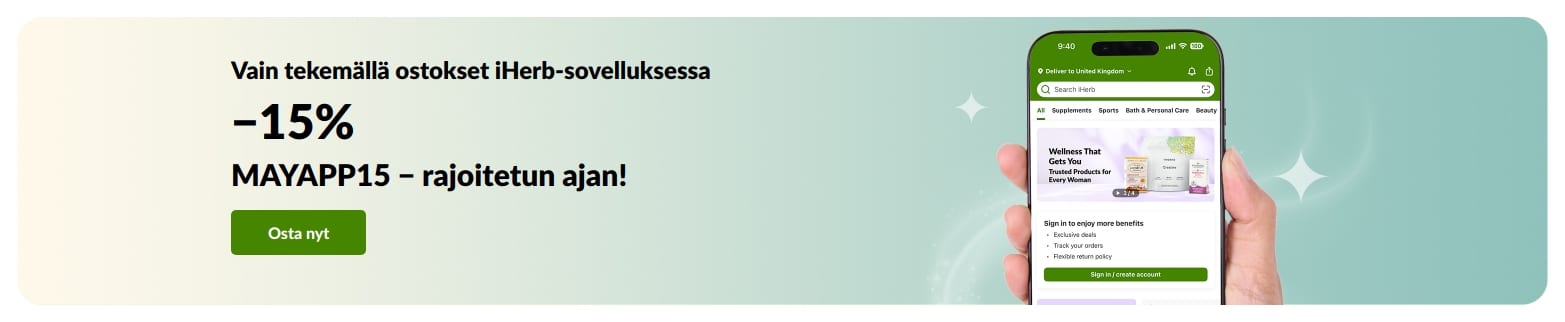 iHerb-sovelluksen tarjousbanneri, joka tarjoaa rajoitetun ajan −15% koodilla MAYAPP15.