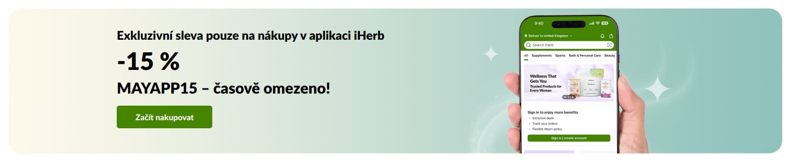 Banner propagující časově omezenou 15% slevu na nákup v aplikaci iHerb s kódem MAYAPP15.