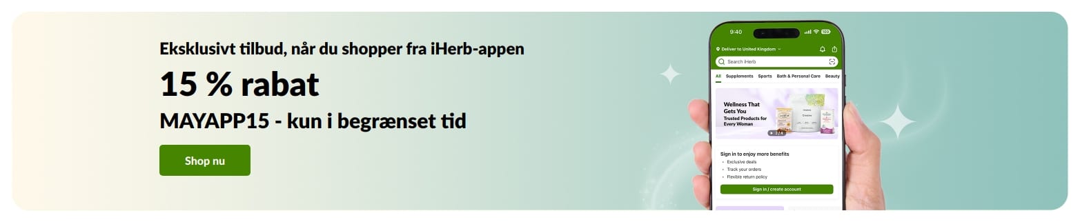 iHerb-app-kampagnebanner med 15 % rabat med koden MAYAPP15, i begrænset tid.