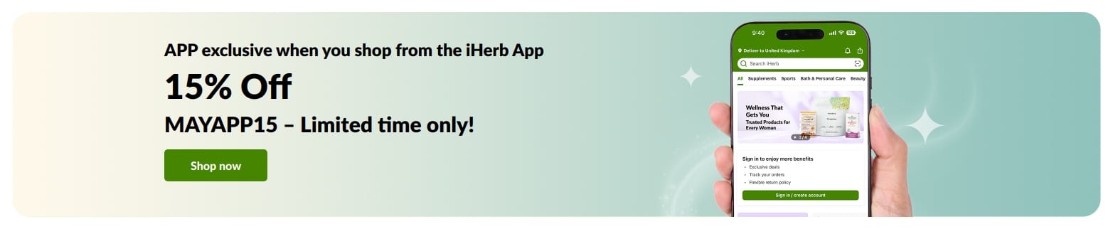 iHerb app promo banner offering 15% off with code MAYAPP15, limited time.
