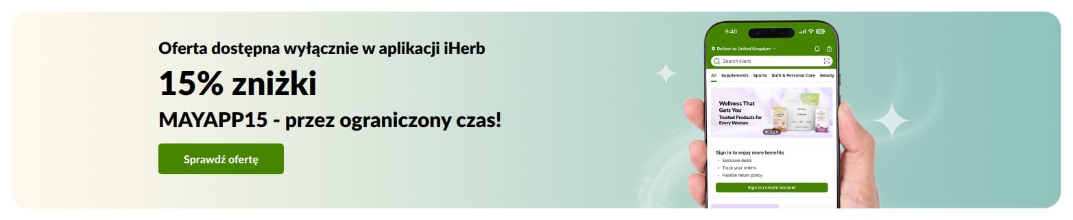 Baner promocyjny aplikacji iHerb oferujący 15% zniżki z kodem MAYAPP15, oferta ograniczona czasowo.