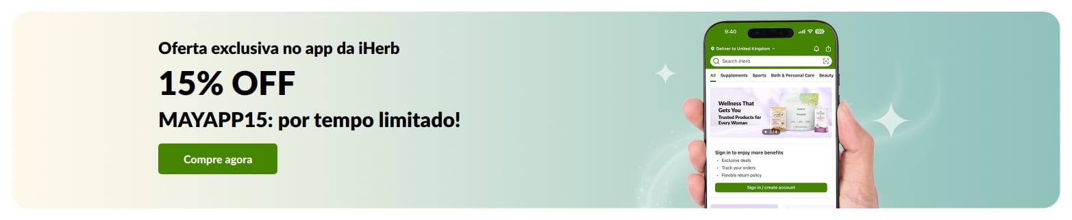 Banner promocional do app da iHerb com 15% OFF em suplementos usando o código MAYAPP15, por tempo limitado.