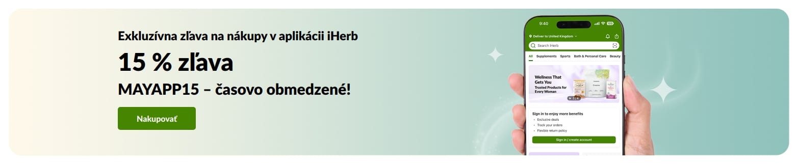 Baner iHerb, ktorý propaguje časovo obmedzenú 15 % zľavu na výživové doplnky v aplikácii s kódom MAYAPP15.