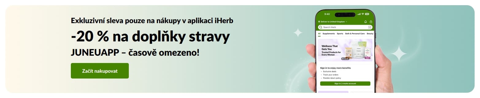 Banner propagující časově omezenou 20% slevu na nákup doplňků stravy v aplikaci iHerb s kódem JUNEUAPP.
