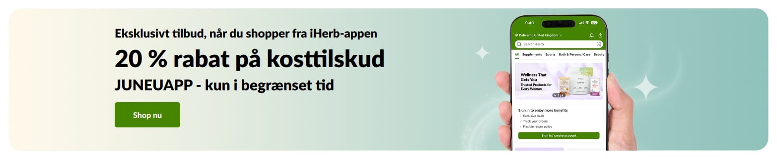 iHerb-app-kampagnebanner med 20 % rabat på kosttilskud med koden JUNEUAPP, i begrænset tid.