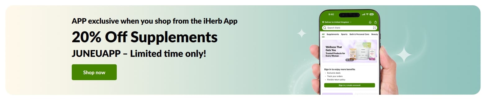 iHerb app promo banner offering 20% off supplements with code JUNEUAPP, limited time.