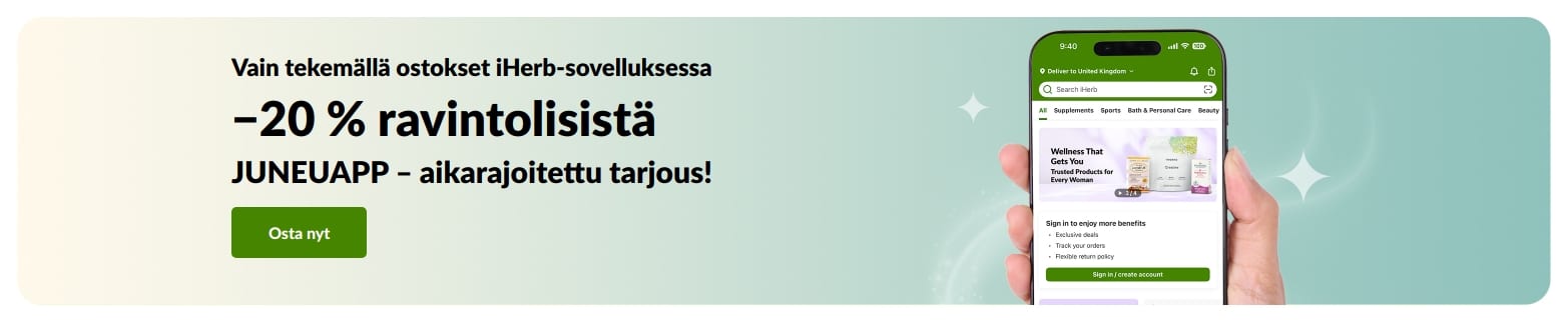 iHerb-sovelluksen tarjousbanneri, joka tarjoaa −20 % ravintolisistä koodilla JUNEUAPP, rajoitetun ajan.