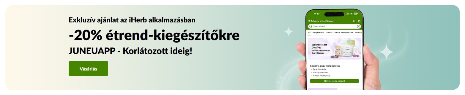 iHerb alkalmazás promóciós banner, amely 20% kedvezményt kínál étrend-kiegészítőkre az JUNEUAPP kóddal, korlátozott ideig.
