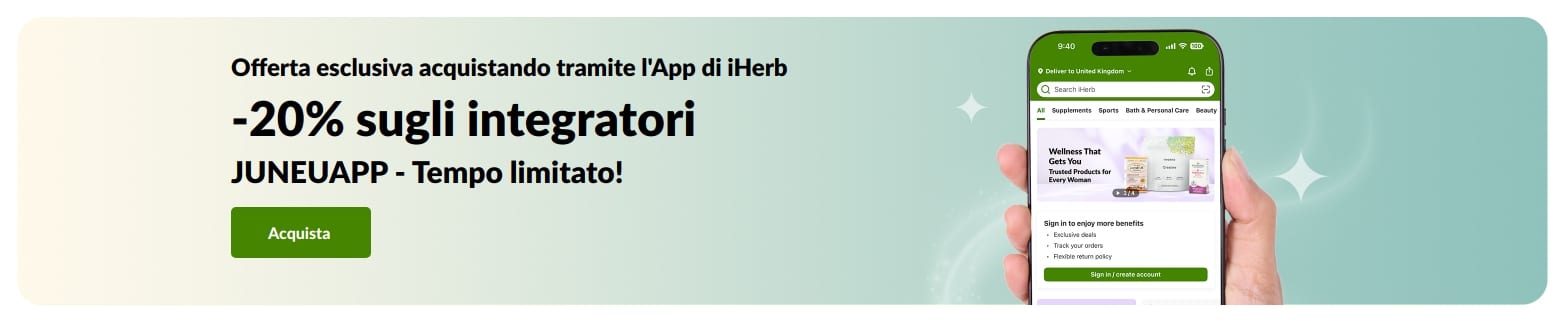 Banner promozionale di iHerb che offre il 20% di sconto sugli integratori utilizzando il codice JUNEUAPP, per un periodo limitato.