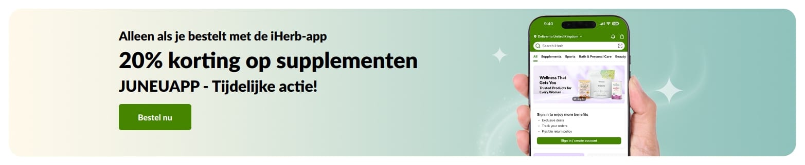 Promotiebanner in de iHerb-app met 20% korting op supplementen met de code JUNEUAPP, tijdelijke actie.
