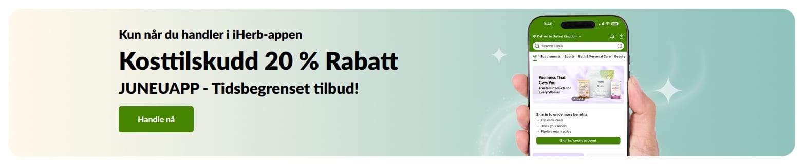 Kampanjebanner for iHerb-appen: 20 % rabatt på kosttilskudd med koden JUNEUAPP, i en begrenset periode.