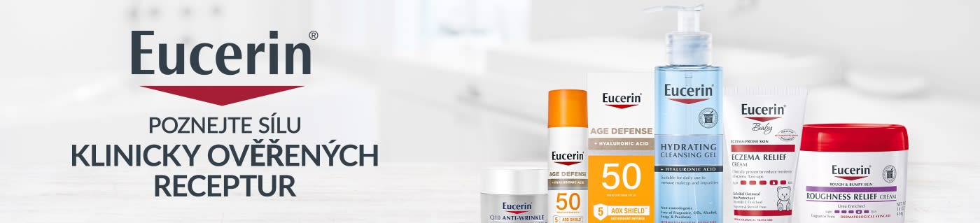 Eucerin banner featuring clinically proven skincare formulas including sunscreen, hydrating cleanser, eczema relief, and creams.
