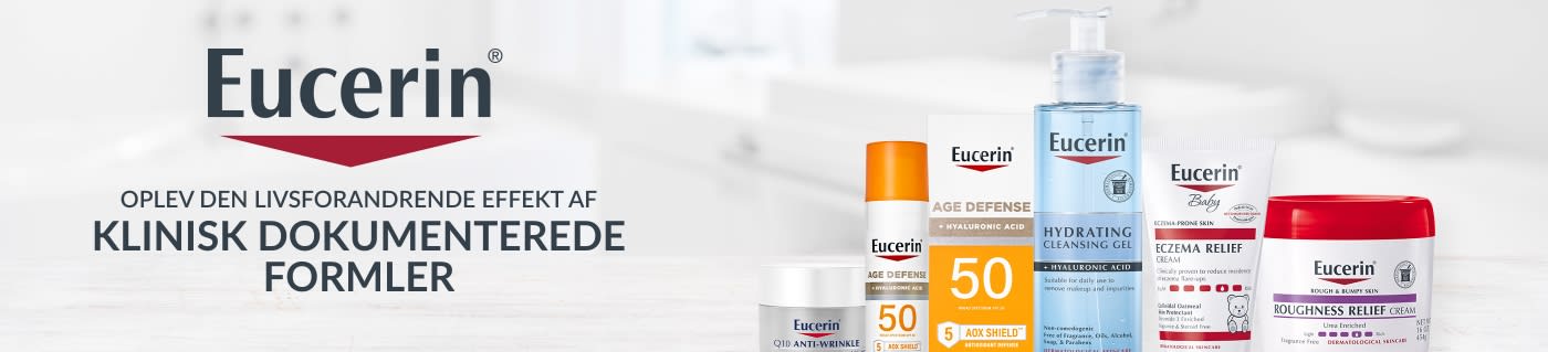 Eucerin-banner med klinisk dokumenterede hudplejeformler, herunder solcreme, fugtgivende rensemiddel, eksemlindring og cremer.