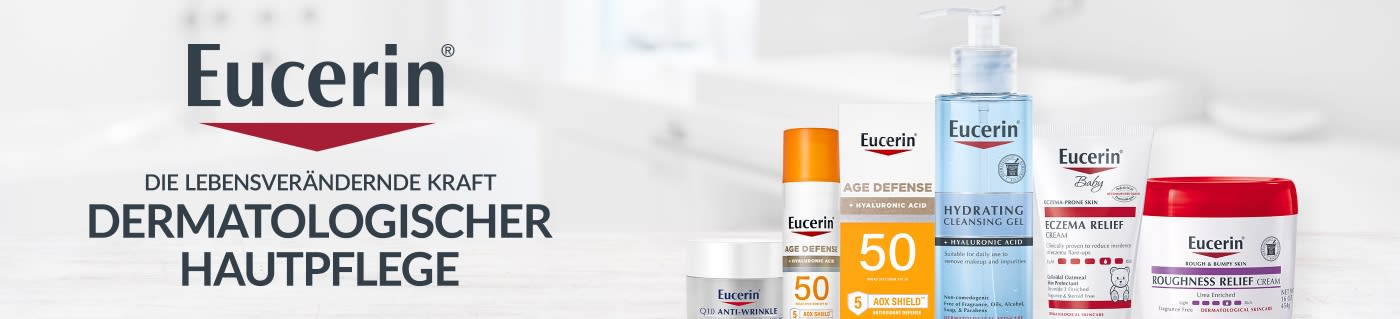 Eucerin banner featuring clinically proven skincare formulas including sunscreen, hydrating cleanser, eczema relief, and creams.