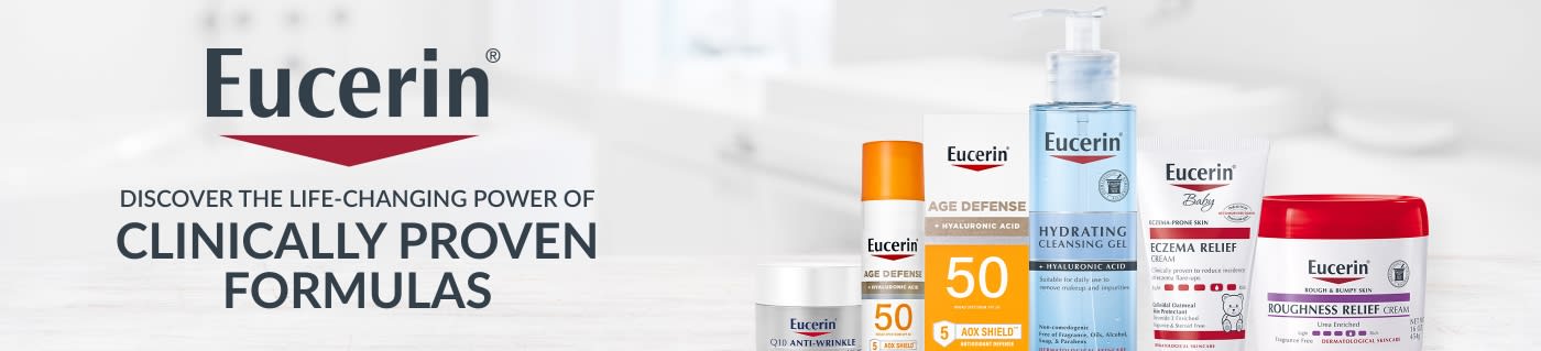 Eucerin banner featuring clinically proven skincare formulas including sunscreen, hydrating cleanser, eczema relief and creams.
