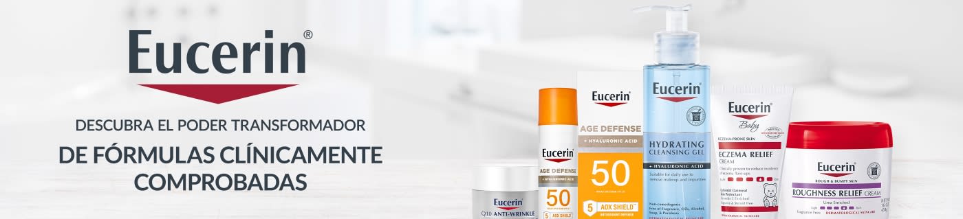 Eucerin banner featuring clinically proven skincare formulas including sunscreen, hydrating cleanser, eczema relief, and creams.