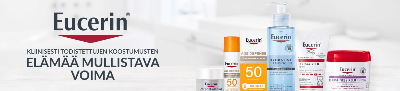 Eucerin-banneri, jossa esitellään kliinisesti testattuja ihonhoitotuotteita, kuten aurinkosuojavoidetta, kosteuttavaa puhdistusainetta, ihottumaa lievittävää voidetta sekä muita hoitavia voiteita.