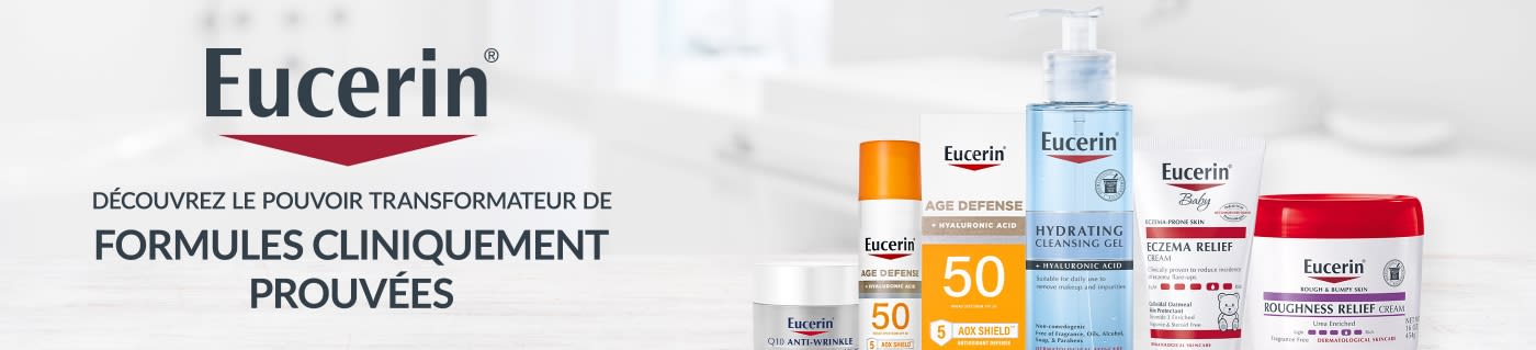 Eucerin banner featuring clinically proven skincare formulas including sunscreen, hydrating cleanser, eczema relief, and creams.