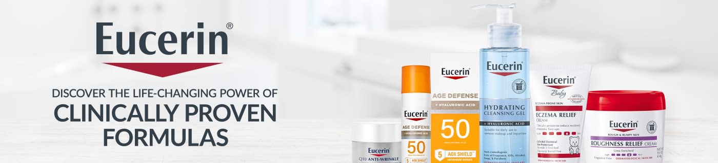 Eucerin banner featuring clinically proven skincare formulas including sunscreen, hydrating cleanser, eczema relief, and creams.