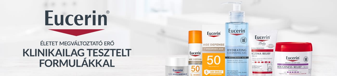 Eucerin banner featuring clinically proven skincare formulas including sunscreen, hydrating cleanser, eczema relief, and creams.