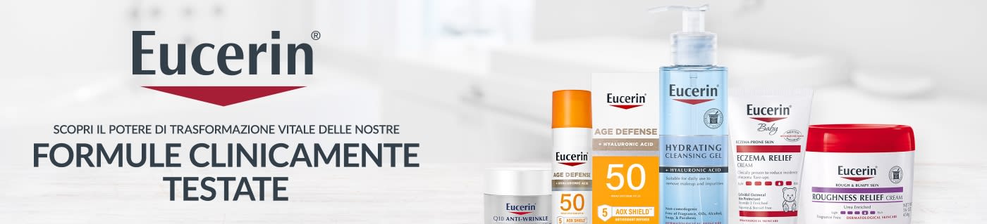 Eucerin banner featuring clinically proven skincare formulas including sunscreen, hydrating cleanser, eczema relief, and creams.
