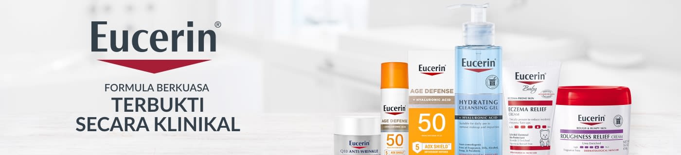Sepanduk Eucerin yang memaparkan formula penjagaan kulit yang terbukti secara klinikal termasuk pelindung matahari, pembersih menghidrat, pelega ekzema dan krim.