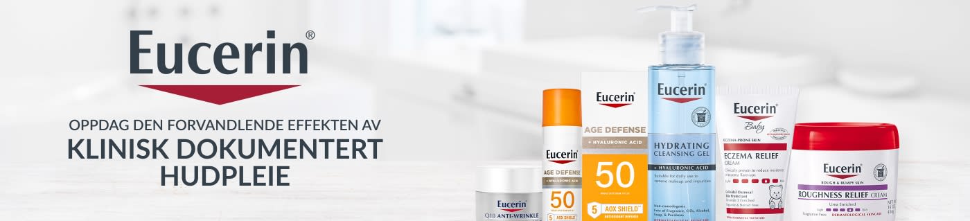 Eucerin-banner med klinisk dokumentert hudpleie, inkludert solkrem, fuktighetsgivende rens, eksemlindring og kremer.