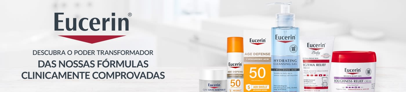 Eucerin banner featuring clinically proven skincare formulas including sunscreen, hydrating cleanser, eczema relief, and creams.