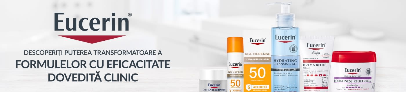 Eucerin banner featuring clinically proven skincare formulas including sunscreen, hydrating cleanser, eczema relief, and creams.