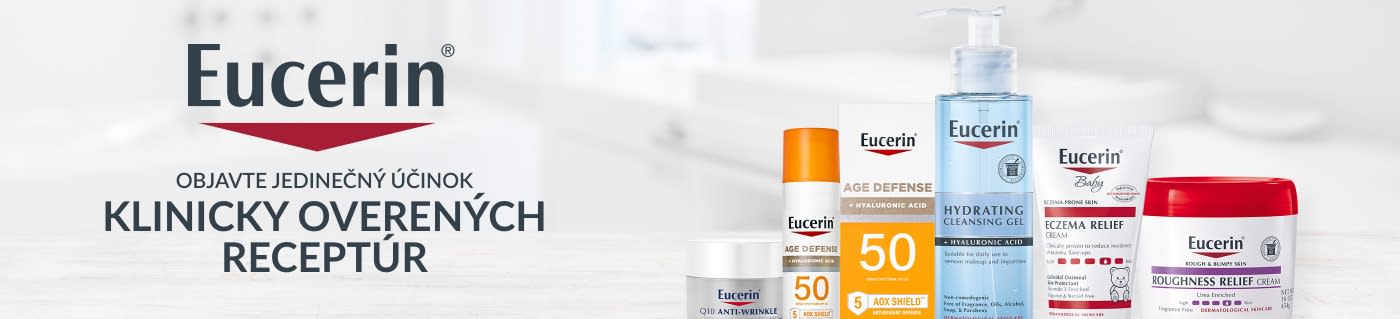 Banner Eucerin s klinicky overenými produktmi starostlivosti o pleť vrátane opaľovacieho krému, hydratačného čistiaceho gélu, krému na úľavu pri ekzéme a ďalších krémov.