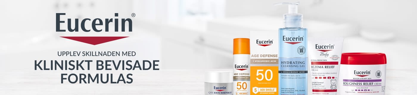 Eucerin-banner med kliniskt bevisade hudvårdsformulas inklusive solskyddsmedel, återfuktande ansiktsrengöring, eksemlindring och krämer.