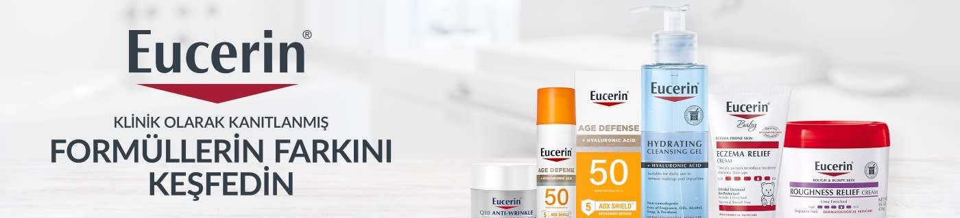 Eucerin banner featuring clinically proven skincare formulas including sunscreen, hydrating cleanser, eczema relief, and creams.
