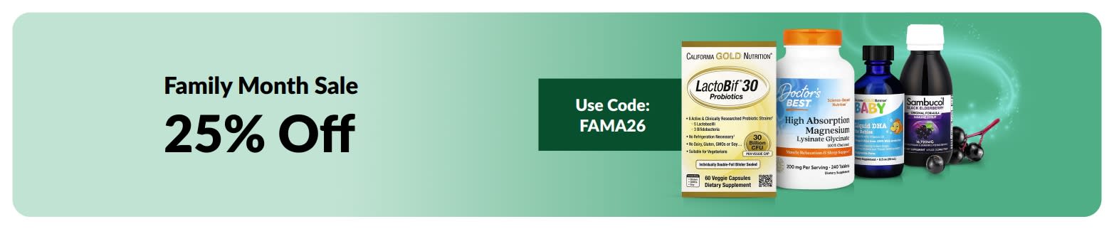 Family Month sale banner: 25% off with code FAMA26, featuring supplements.