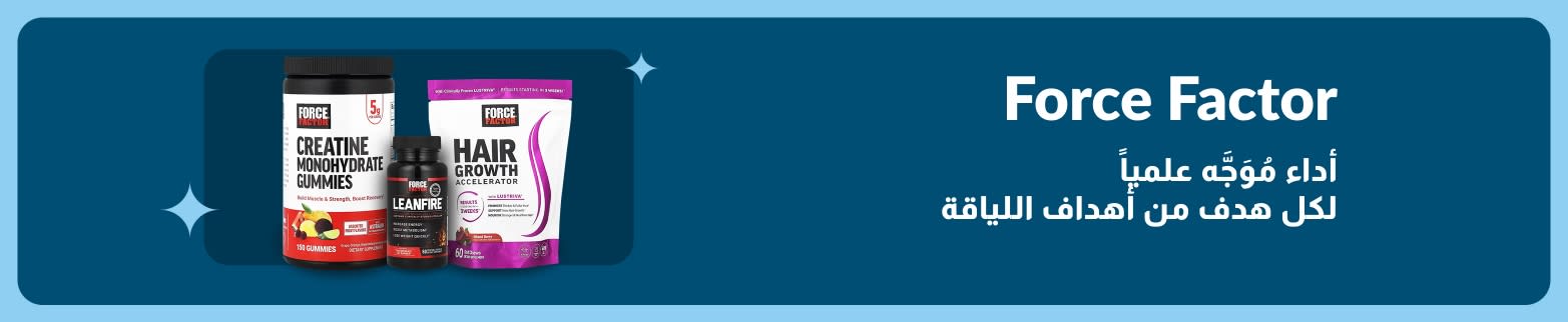 لافتة إعلانية لمنتجات Force Factor تعرض حلوى الكرياتين القابلة للمضغ، ومكمل LeanFire، ومكملات نمو الشعر، مع الترويج لأداء اللياقة البدنية المدعوم بالعلم.