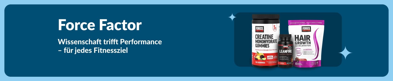 Force Factor-Banner, das Kau-Kreatin, LeanFire und Haarwuchsmittel zeigt, die wissenschaftlich fundierte Leistungen versprechen.