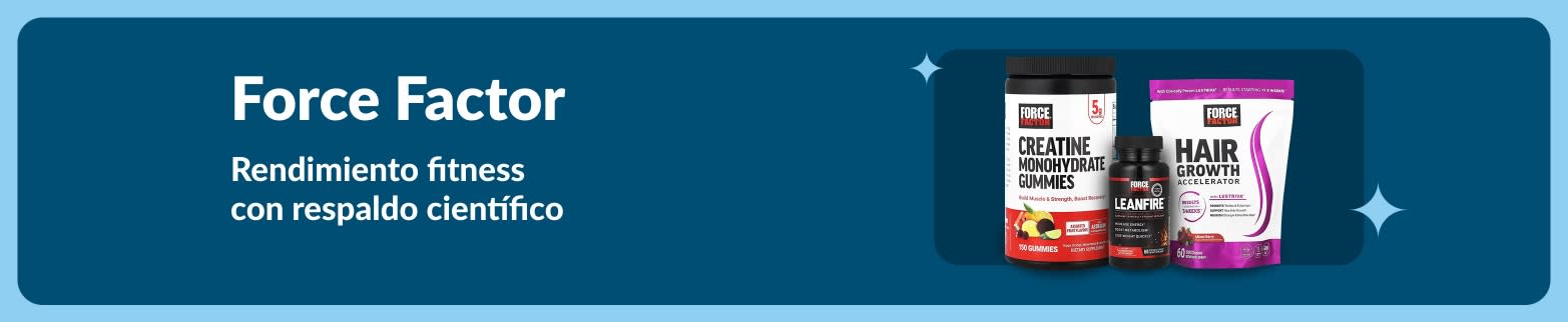 Banner de Force Factor que muestra gomitas de creatina, LeanFire y suplementos para el crecimiento del cabello, promoviendo el rendimiento físico basado en la ciencia.