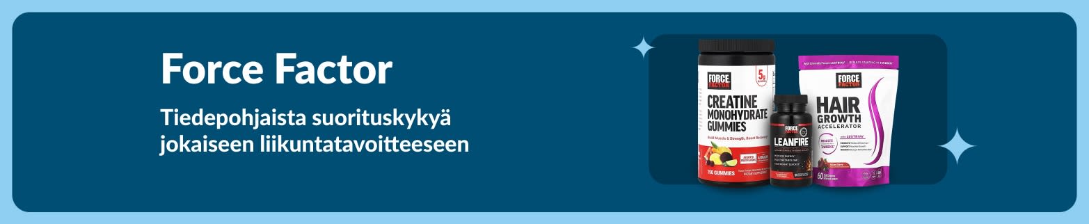 Force Factor -banneri, jossa esitellään kreatiini­karkkeja, LeanFire-valmistetta ja hiusten kasvua tukevia lisäravinteita. Banneri korostaa tieteeseen perustuvaa suorituskykyä ja hyvinvointia.