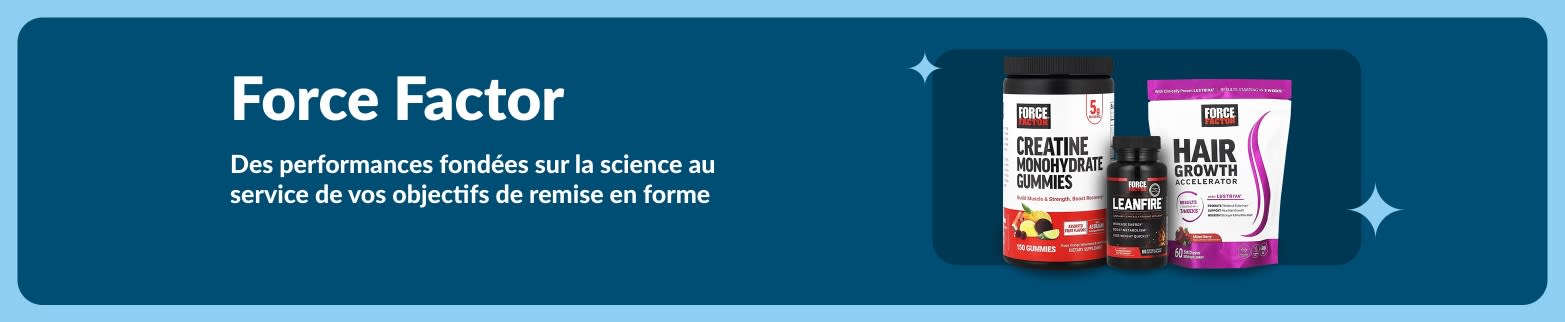 Bannière Force Factor présentant des gommes à la créatine, LeanFire et des compléments alimentaires pour la croissance des cheveux, promouvant des performances physiques fondées sur la science.