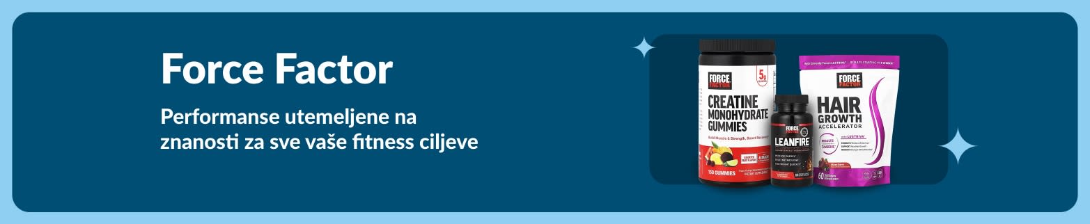 Force Factor banner koji prikazuje gumi kreatin, LeanFire i dodatke za rast kose, uz poruku o znanstveno utemeljenim rezultatima za bolju fitness izvedbu.
