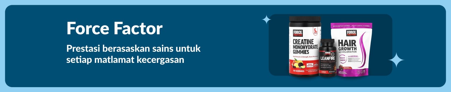 Sepanduk Force Factor memaparkan gummy creatine, LeanFire dan suplemen pertumbuhan rambut, mempromosikan prestasi berasaskan sains.