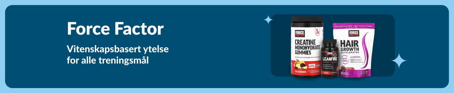 Force Factor-banner som viser kreatingummies, LeanFire og kosttilskudd for hårvekst som fremmer vitenskapsbasert ytelse på trening.