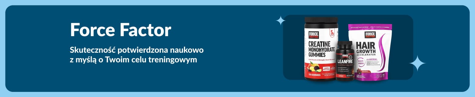 Baner Force Factor przedstawiający żelki z kreatyną, LeanFire i suplementy na porost włosów, wspierające cele treningowe naukowo potwierdzonymi wynikami.