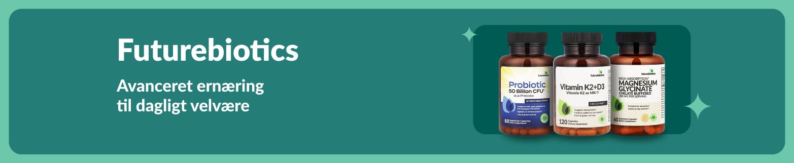 Futurebiotics-banner, der viser kosttilskud med probiotika, vitamin K2+D3- og magnesium, der fremmer avanceret daglig ernæring og velvære.