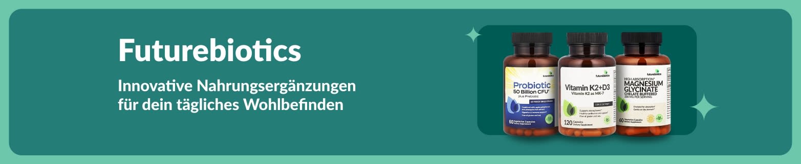 Futurebiotics-Banner mit Probiotika, Vitamin K2+D3 und Magnesiumpräparate, die für eine bessere tägliche Ernährung und mehr Wohlbefinden sorgen.