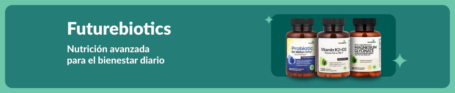 Banner de Futurebiotics con suplementos de probióticos, vitamina K2+D3 y magnesio para el bienestar y la nutrición diaria avanzada.