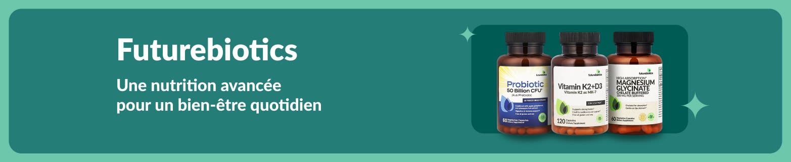 Bannière Futurebiotics présentant des compléments alimentaires probiotiques, à base de vitamines K2+D3 et de magnésium, favorisant une nutrition quotidienne avancée et le bien-être.